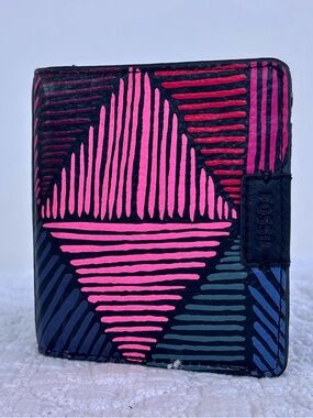Fossil Leather Card Holder Wallet Pink Geometric Slim Bifold